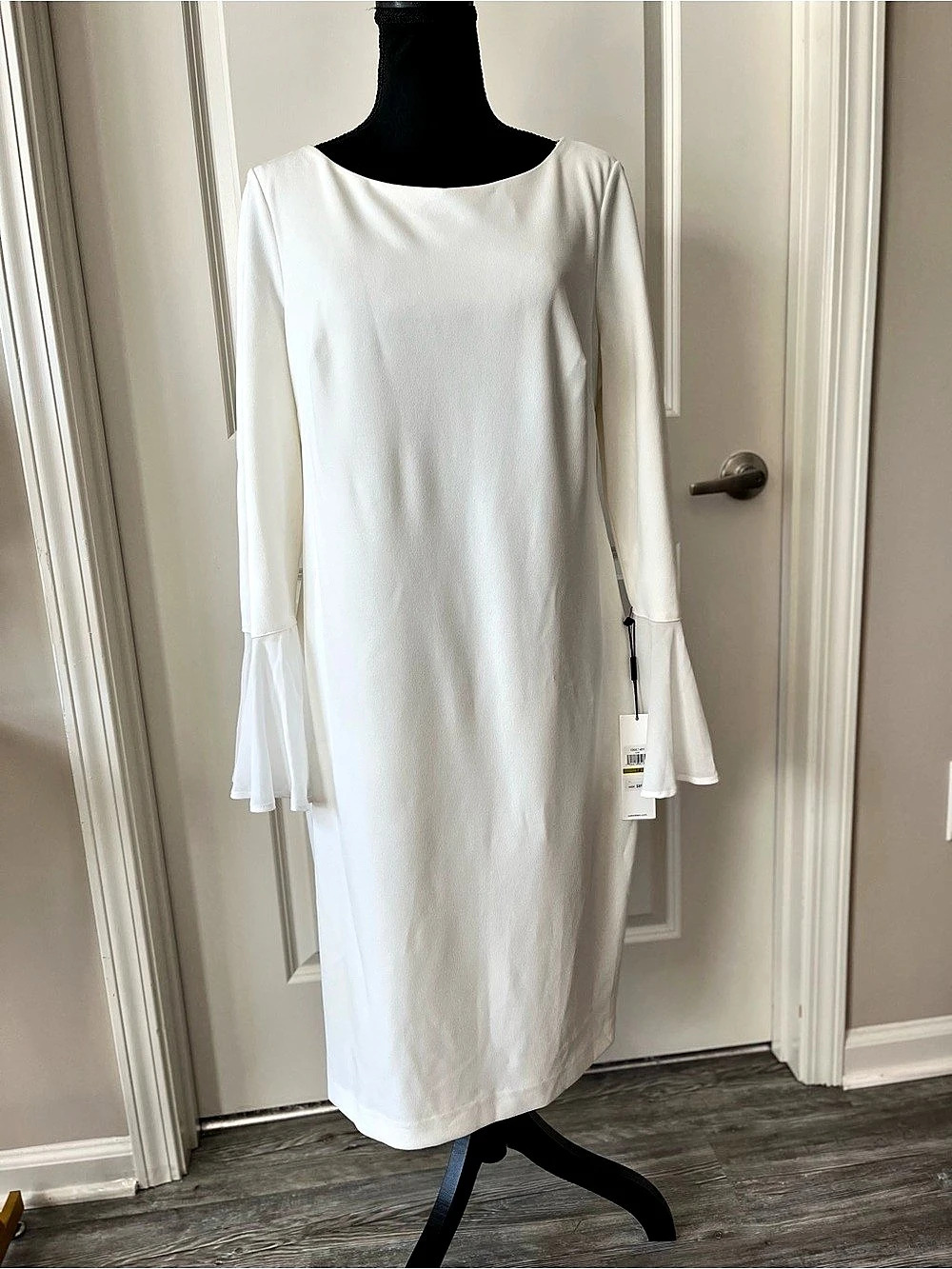 Calvin Klein Chiffon-Bell-Sleeve Sheath Dress White Size 14